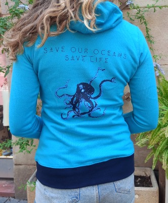 Sudadera azul turquesa surfera de mujer - Pulpo Respect Pur Oceans