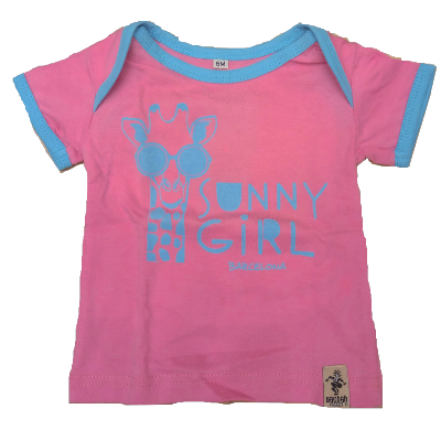 Camiseta rosa y azul manga corta 100% algodón ecológico bébés con una jirafa
